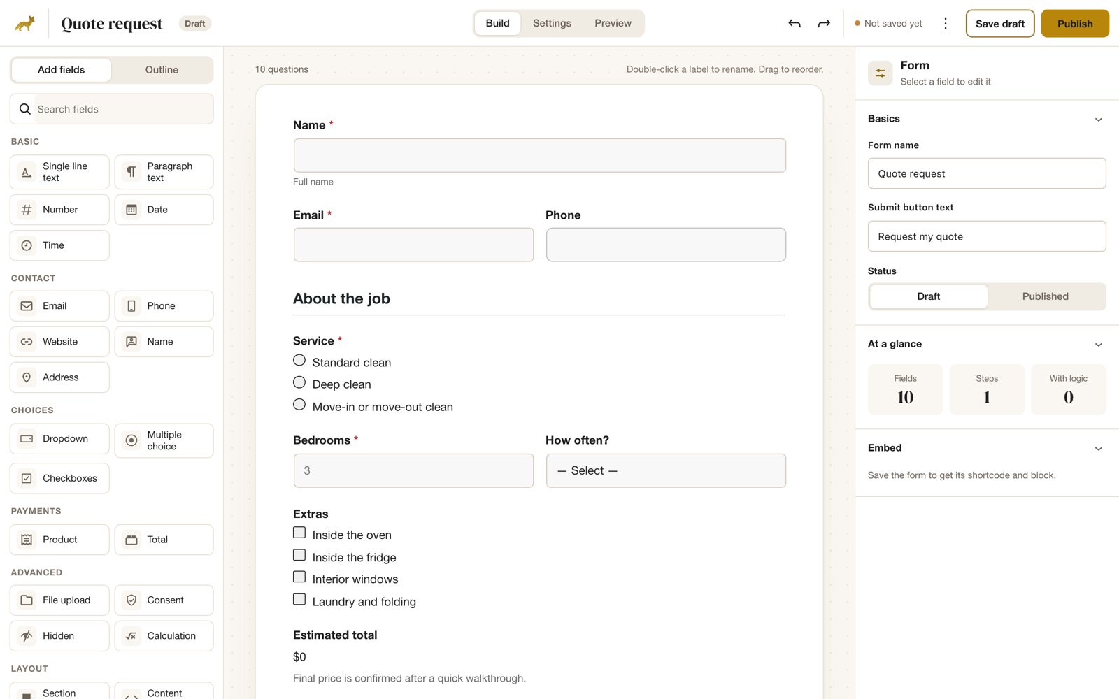 The Fennec Forms builder editing a quote request form: field palette on the left, live form canvas in the middle, settings on the right