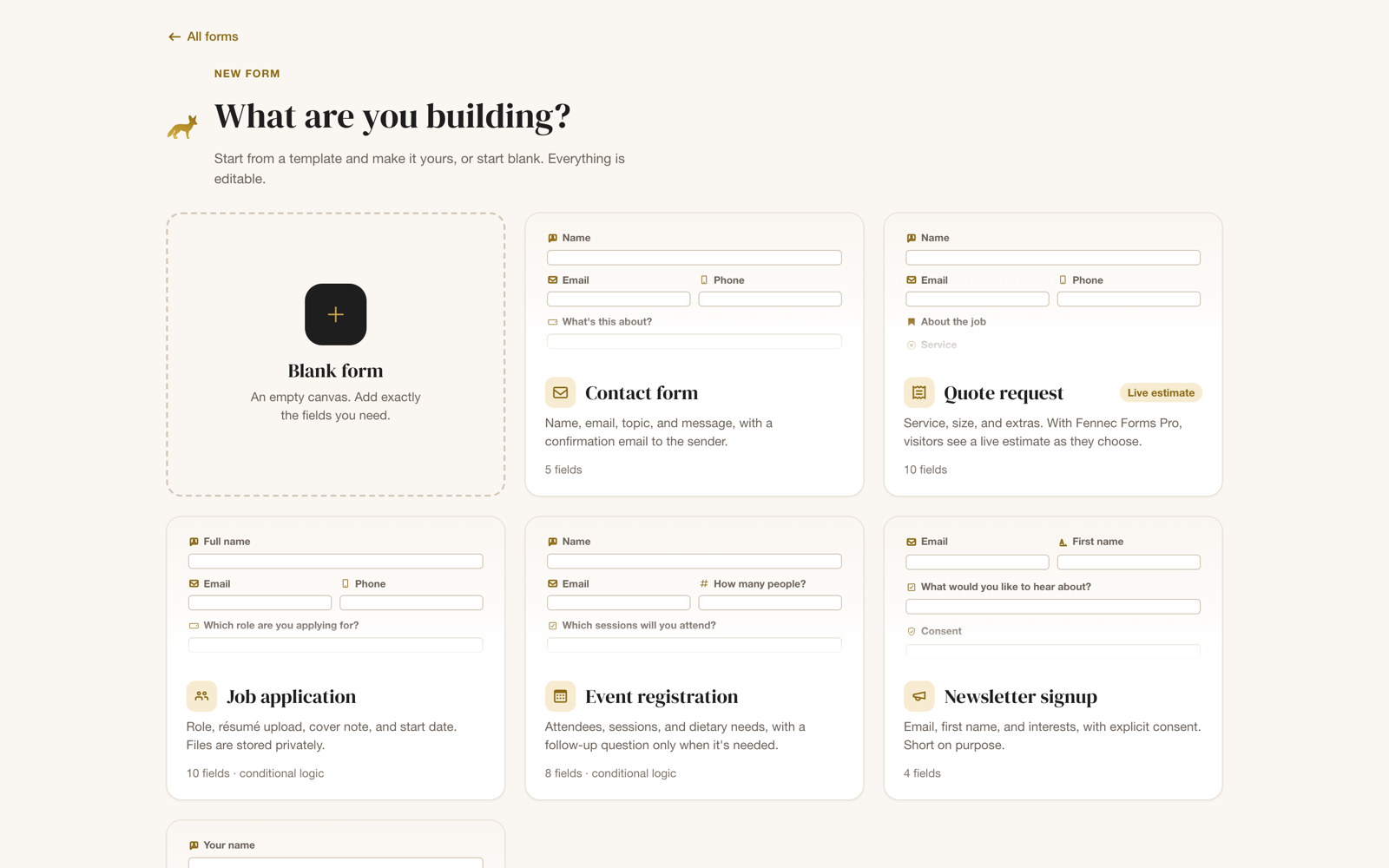 Fennec Forms new-form screen: a blank form plus contact, quote request, job application, event registration and newsletter templates