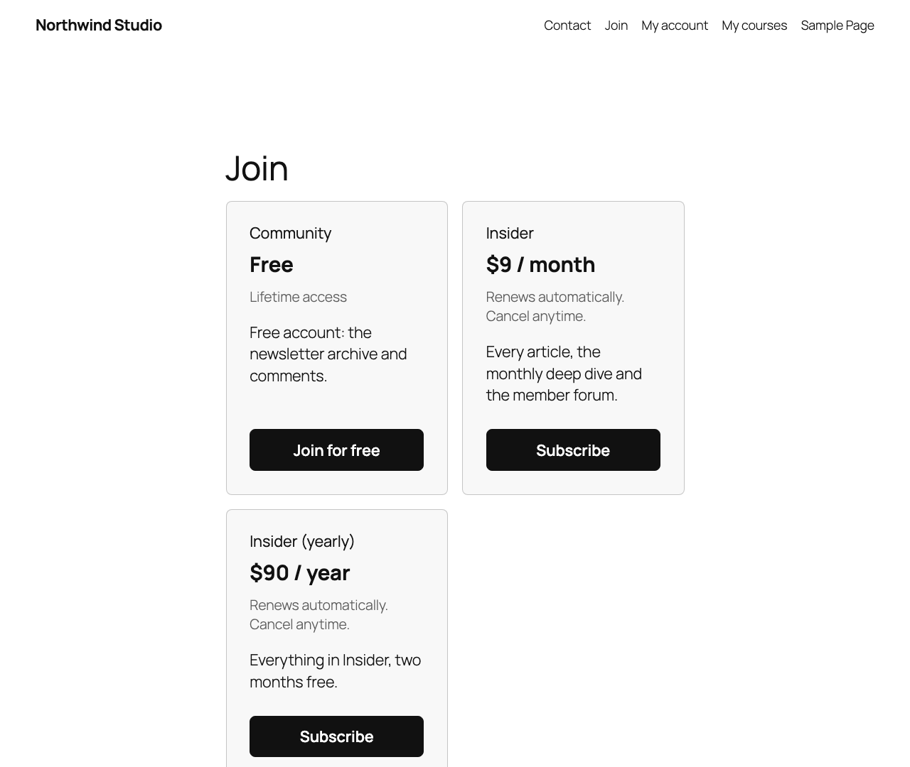 A Join page on a demo site showing Community (free), Insider ($9 a month) and Insider yearly ($90 a year) pricing cards