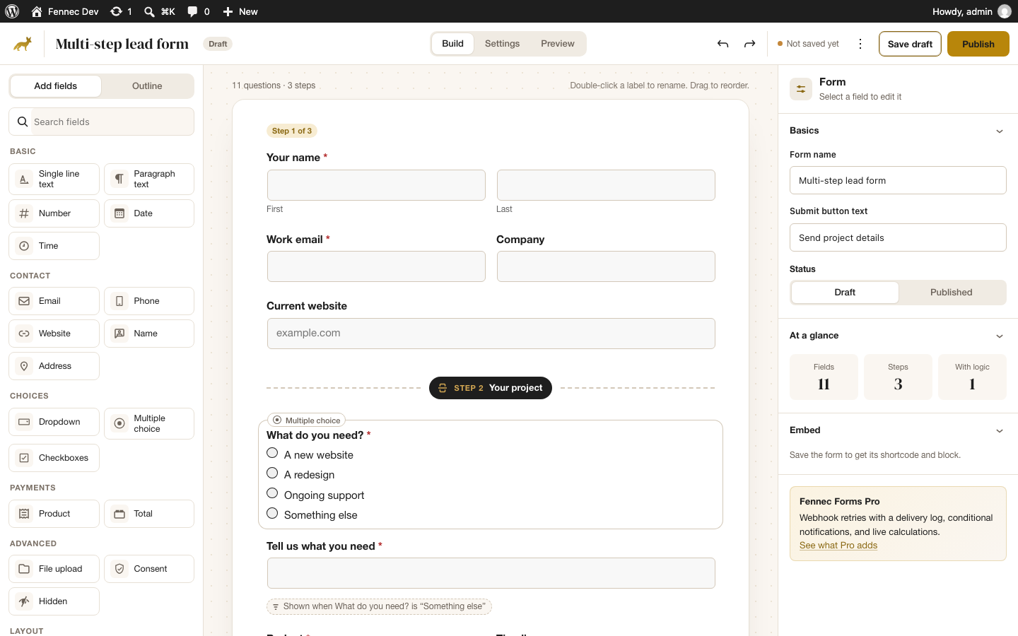 The Fennec Forms builder editing the Multi-step lead form: Step 1 of 3 at the top and a Step 2 “Your project” divider where the page break sits