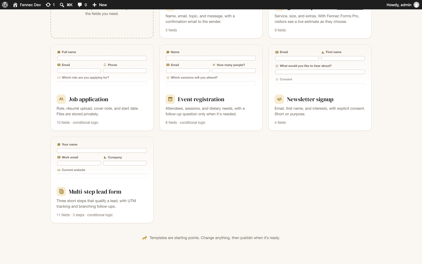 Fennec Forms new form screen with template cards, including the Multi-step lead form template: 11 fields, 3 steps, conditional logic