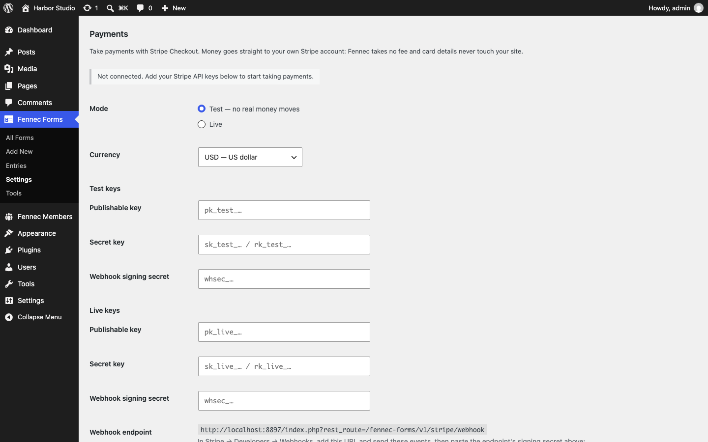 Fennec Forms Settings, Payments section: Test or Live mode, currency, test and live publishable keys, secret keys and webhook signing secrets, and the webhook endpoint URL