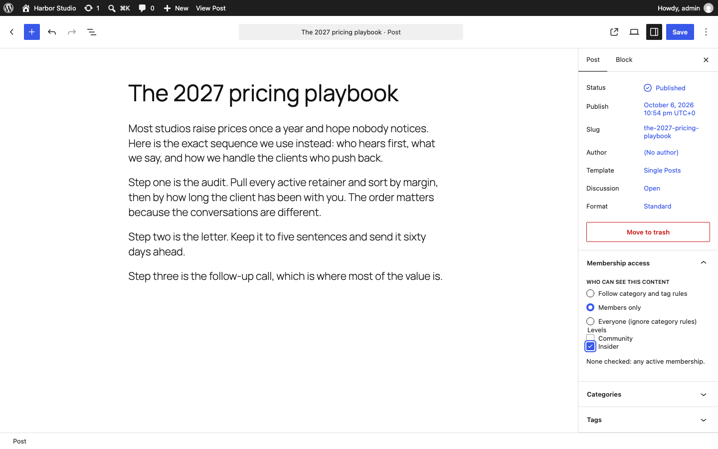 The WordPress block editor with the Membership access panel open in the sidebar: Members only selected and the Insider level ticked