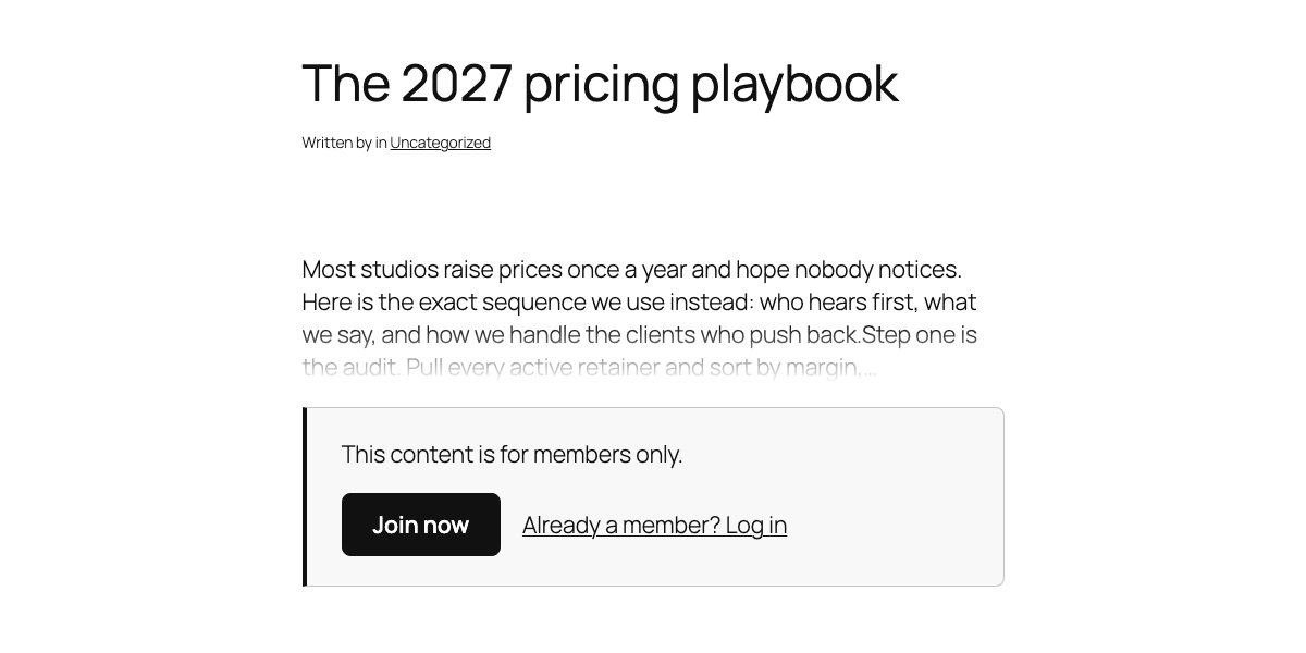 A members-only post seen logged out: the opening lines fade out above “This content is for members only.” with Join now and Log in links